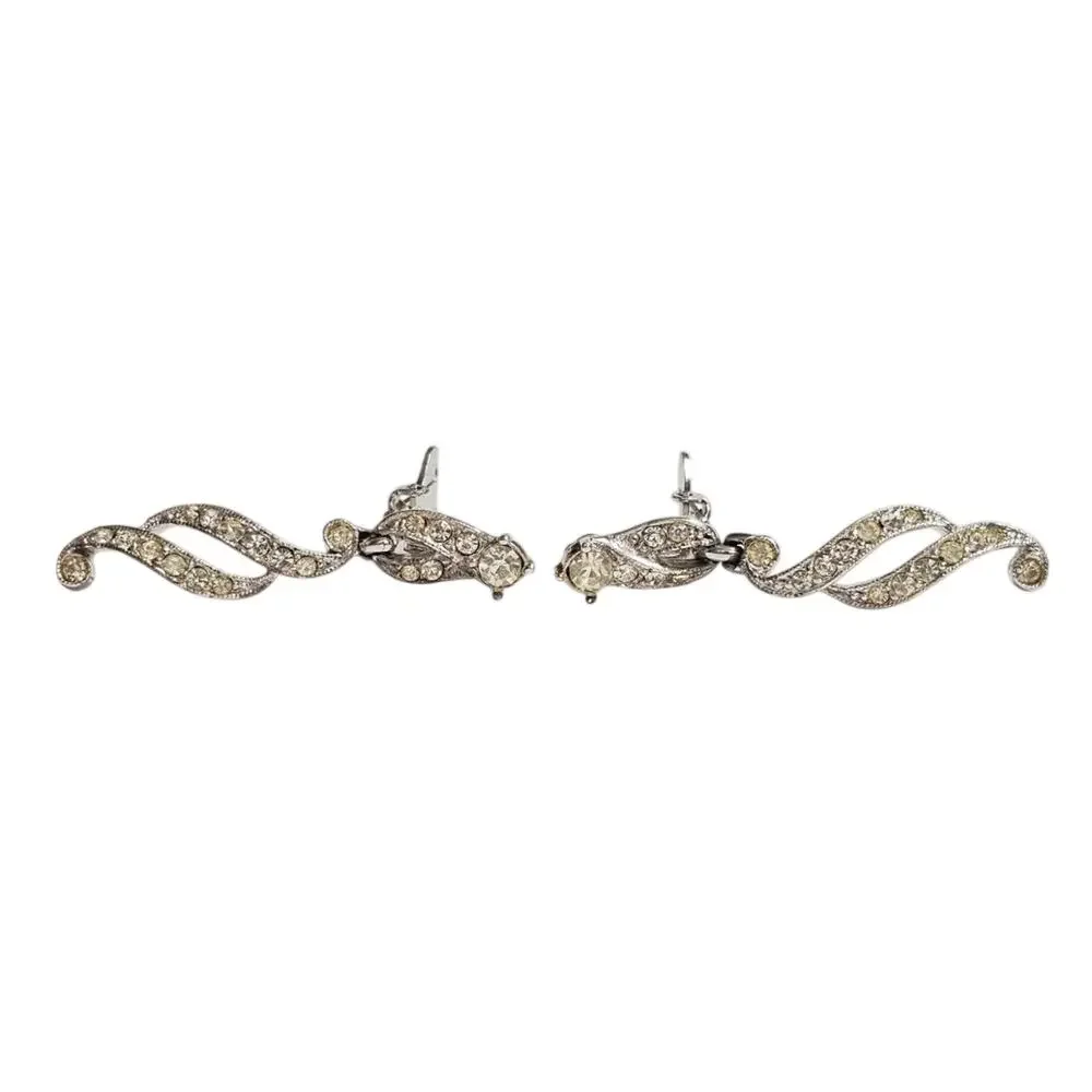 Vintage Bogoff Rhodium Plated Rhinestone Waterfall Clip-On Earrings